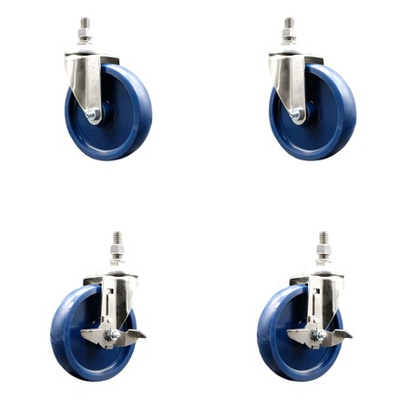 Service Caster 5 Inch 316SS Solid Polyurethane Swivel 1/2 Inch Threaded Stem Caster Brakes, 2PK SS316TS20S514-SPUS-121315-2-TLB-2